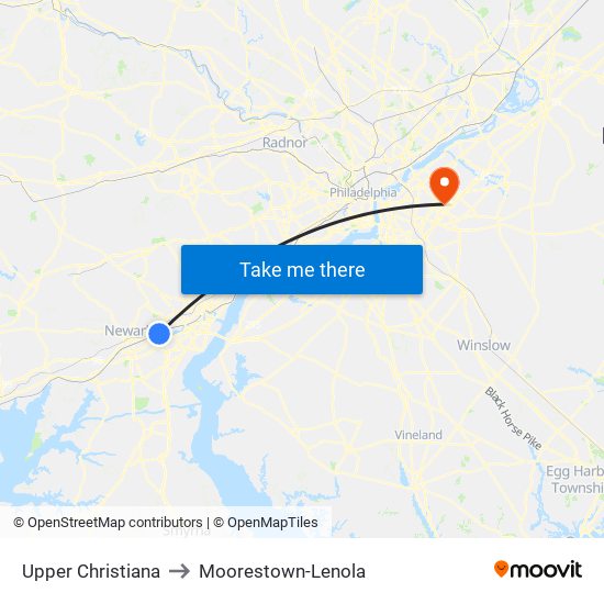 Upper Christiana to Moorestown-Lenola map