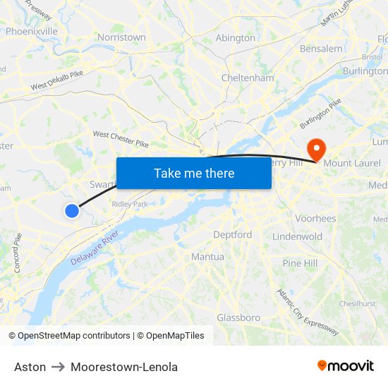 Aston to Moorestown-Lenola map