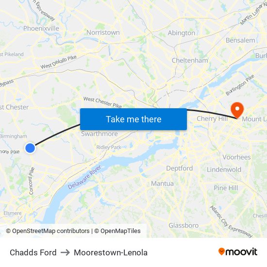 Chadds Ford to Moorestown-Lenola map
