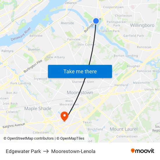Edgewater Park to Moorestown-Lenola map