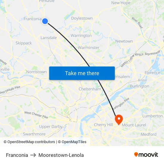 Franconia to Moorestown-Lenola map