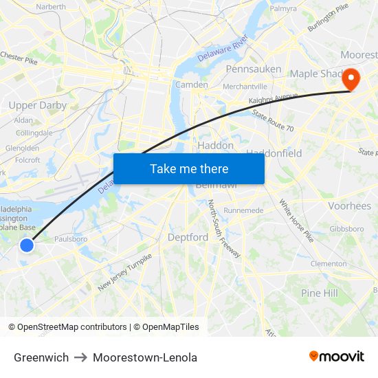 Greenwich to Moorestown-Lenola map