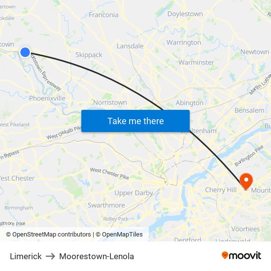 Limerick to Moorestown-Lenola map