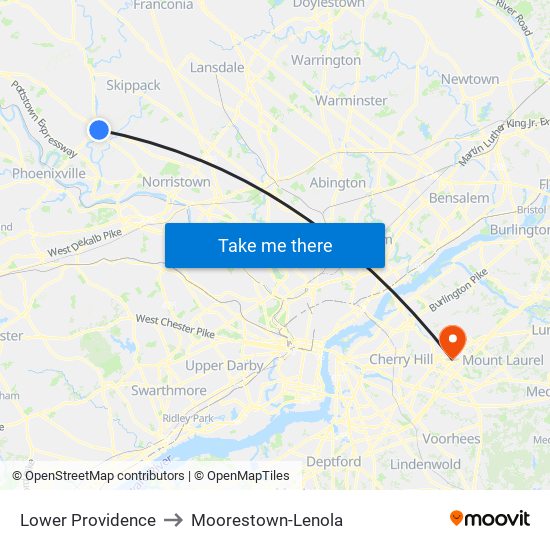 Lower Providence to Moorestown-Lenola map