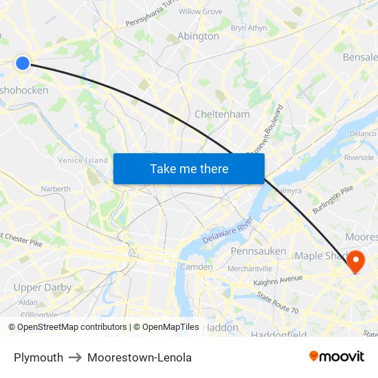 Plymouth to Moorestown-Lenola map