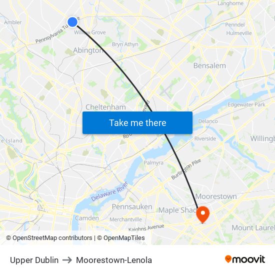Upper Dublin to Moorestown-Lenola map