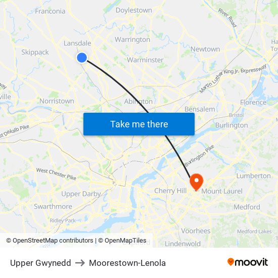 Upper Gwynedd to Moorestown-Lenola map