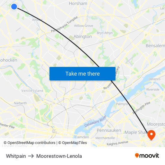 Whitpain to Moorestown-Lenola map
