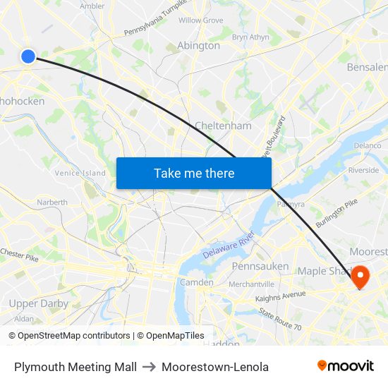 Plymouth Meeting Mall to Moorestown-Lenola map