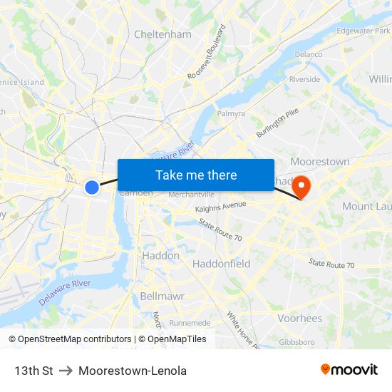 13th St to Moorestown-Lenola map