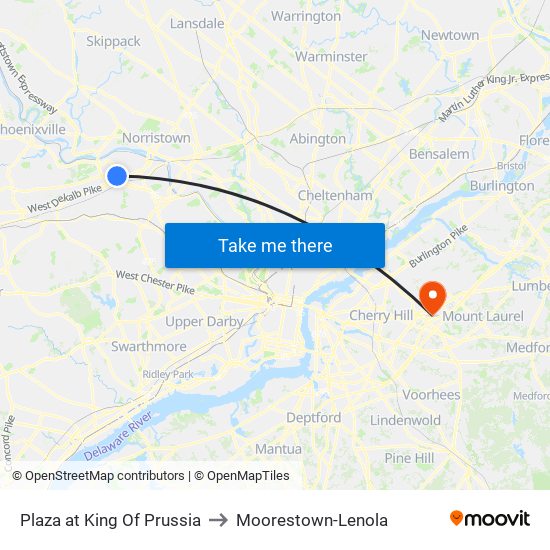 Plaza at King Of Prussia to Moorestown-Lenola map