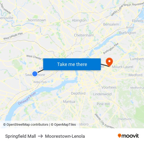 Springfield Mall to Moorestown-Lenola map