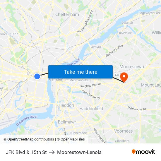 JFK Blvd & 15th St to Moorestown-Lenola map
