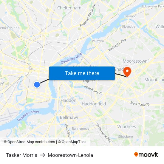 Tasker Morris to Moorestown-Lenola map