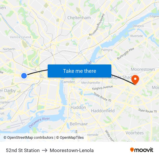 52nd St Station to Moorestown-Lenola map