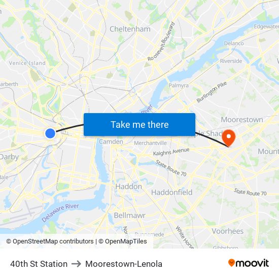 40th St Station to Moorestown-Lenola map