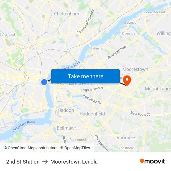 2nd St Station to Moorestown-Lenola map