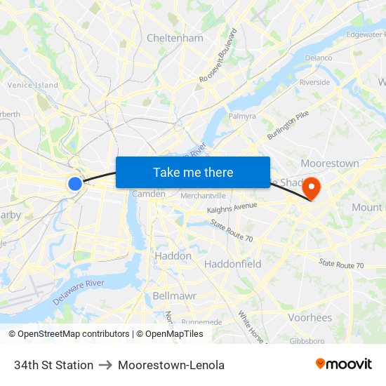 34th St Station to Moorestown-Lenola map