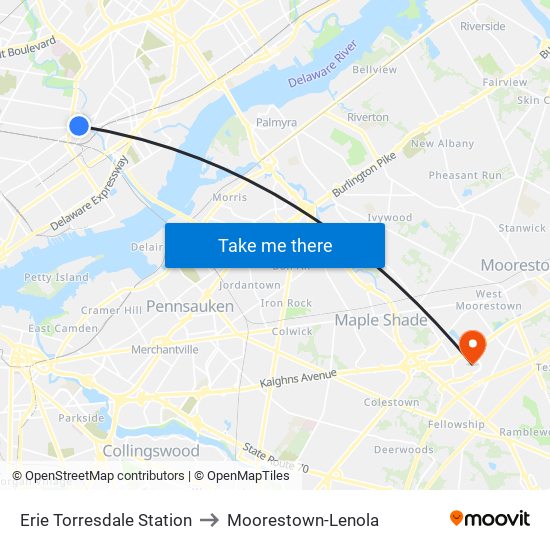 Erie Torresdale Station to Moorestown-Lenola map