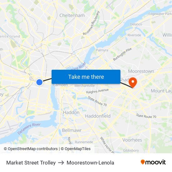 Market Street Trolley to Moorestown-Lenola map