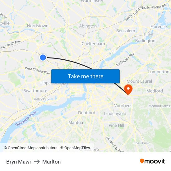 Bryn Mawr to Marlton map