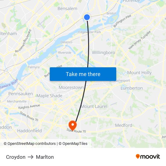 Croydon to Marlton map