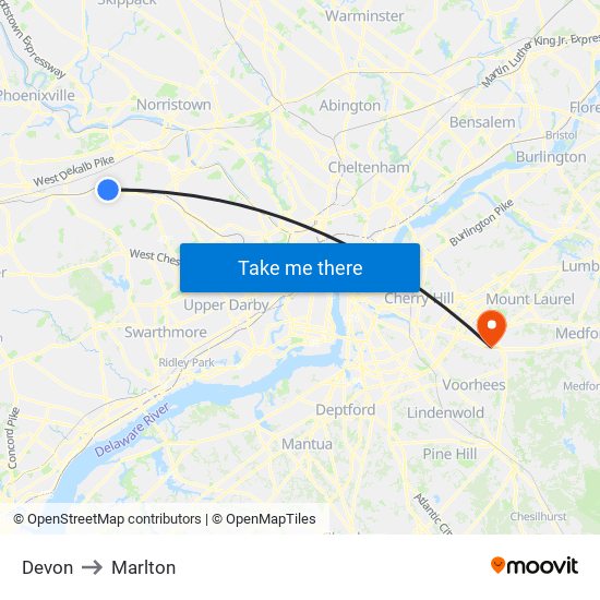 Devon to Marlton map