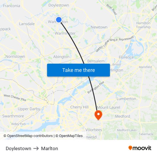 Doylestown to Marlton map