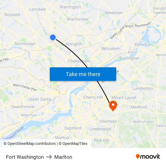 Fort Washington to Marlton map