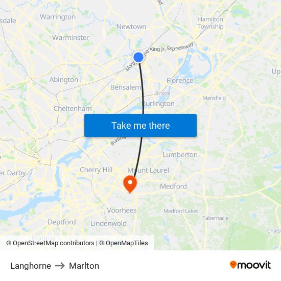 Langhorne to Marlton map