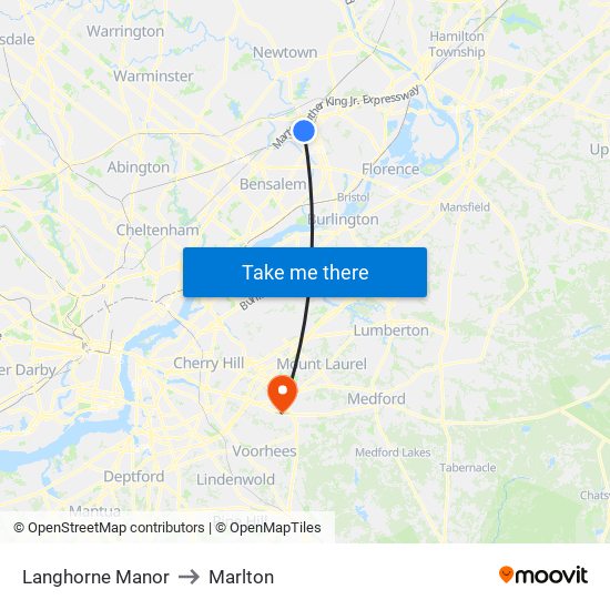 Langhorne Manor to Marlton map