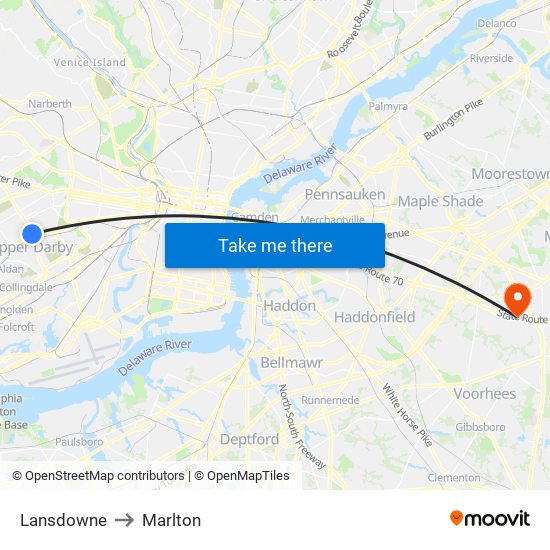 Lansdowne to Marlton map