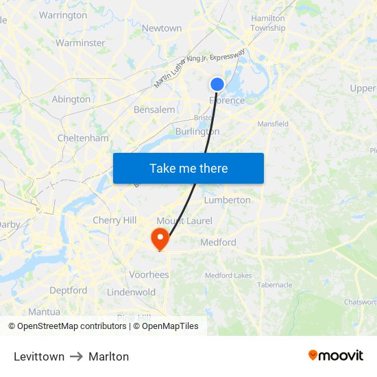 Levittown to Marlton map