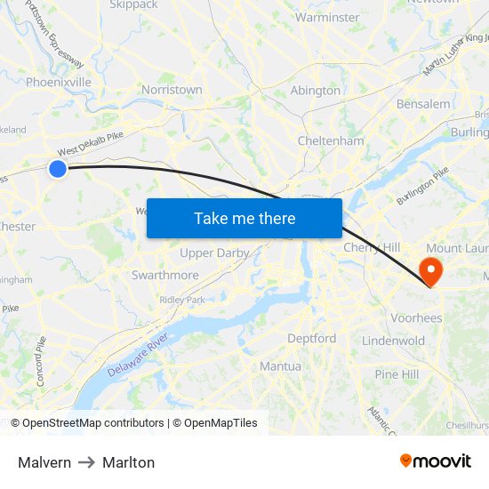 Malvern to Marlton map