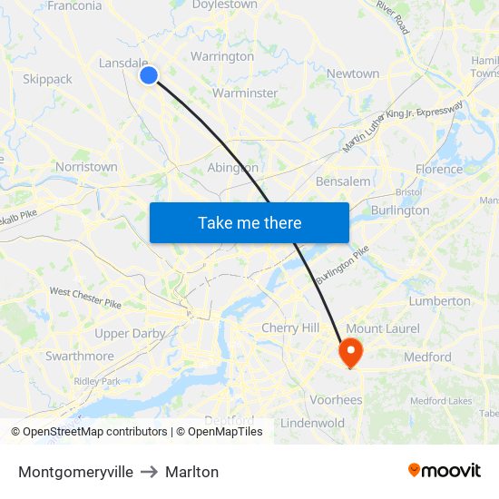 Montgomeryville to Marlton map