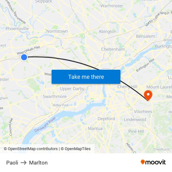 Paoli to Marlton map