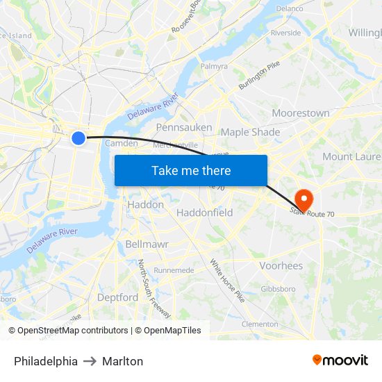 Philadelphia to Marlton map