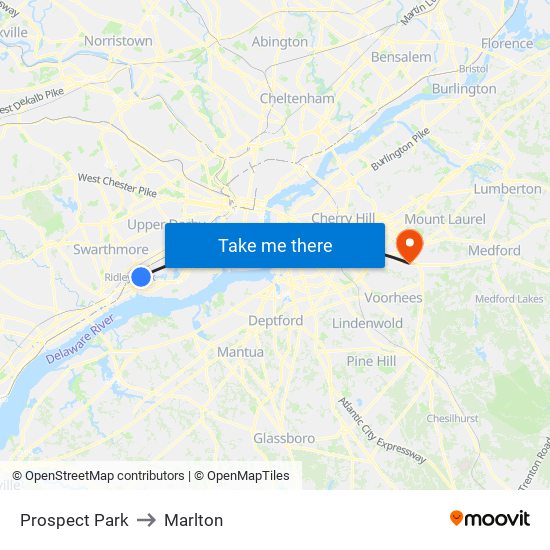 Prospect Park to Marlton map