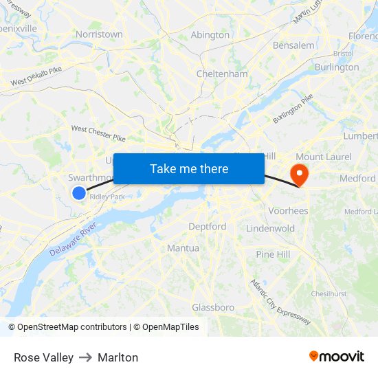 Rose Valley to Marlton map