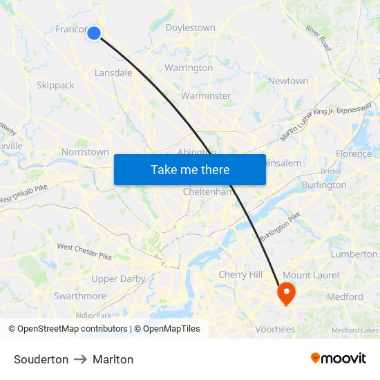 Souderton to Marlton map