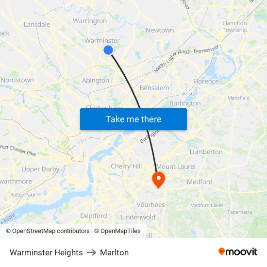 Warminster Heights to Marlton map