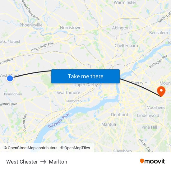 West Chester to Marlton map