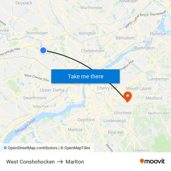 West Conshohocken to Marlton map