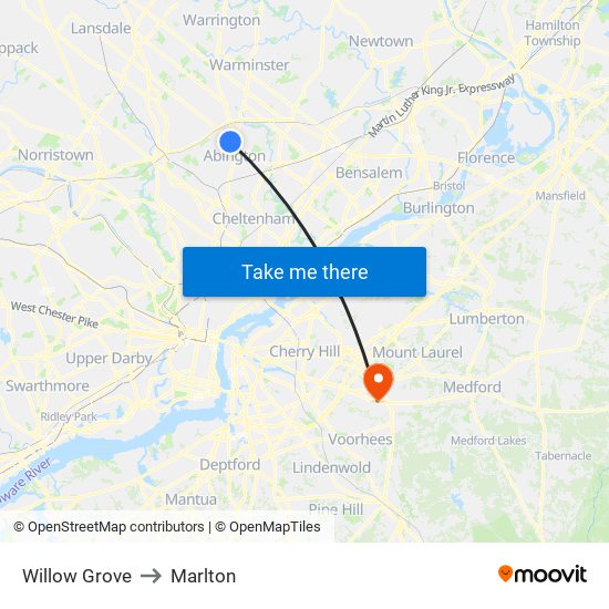 Willow Grove to Marlton map