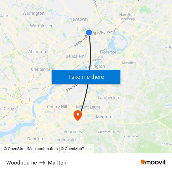 Woodbourne to Marlton map