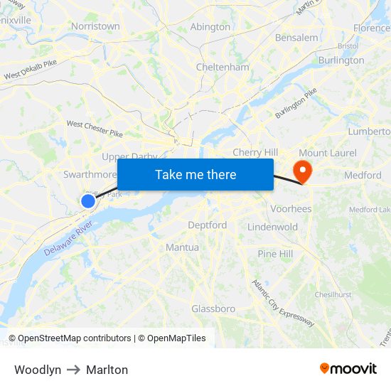 Woodlyn to Marlton map