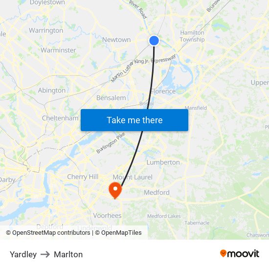 Yardley to Marlton map