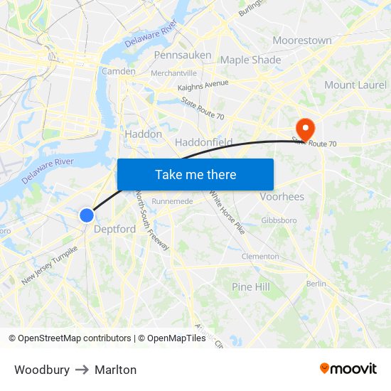 Woodbury to Marlton map