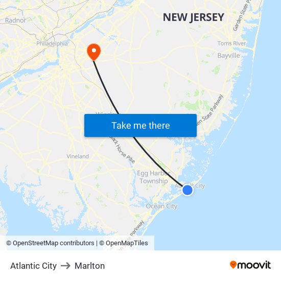 Atlantic City to Marlton map