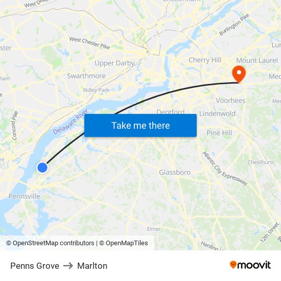 Penns Grove to Marlton map